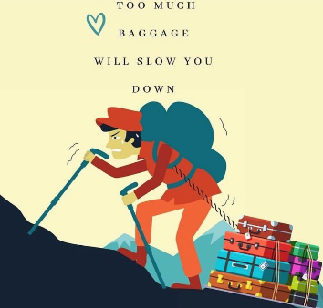 Cartoon of a hiker struggling to climb a hill with too much baggage